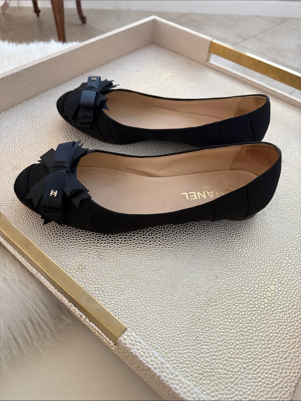 CHANEL Black Ribbon Bow Ballet Flats size 40 2007